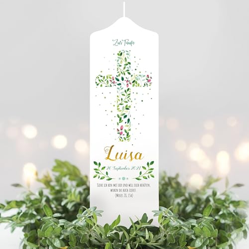 Taufkerze Junge/Mädchen florales Heiliges Kreuz Blätter Kerze zur Taufe mit Namen, Datum und eigenem, vorgegebenem oder keinem Taufspruch, Taufkerze 25 x 7 cm Taufkerze Junge/Mädchen florales Heiliges Kreuz Blätter Kerze zur Taufe mit Namen, Datum und eigenem, vorgegebenem oder keinem Taufspruch, Taufkerze 25 x 7 cm von Wandtattoo-Loft