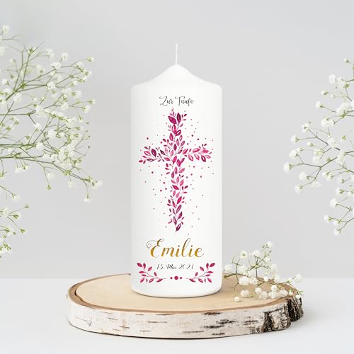 Taufkerze Junge Mädchen Baum Heiliges Kreuz pinke Blätter Kerze zur Taufe mit Namen, Datum und eigenem, vorgegebenem oder keinem Taufspruch, Patenkerze 18 x 7 cm von Wandtattoo Loft