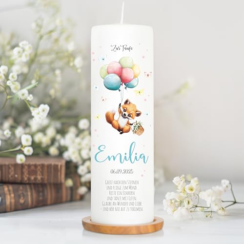 Wandtattoo Loft Taufkerze Junge oder Mädchen Motiv Fuchs mit Luftballon, 25cm x 8cm, personalisierte Kerze, bedruckte Kerze zur Taufe, Stumpenkerze, individuelles Taufgeschenk von Wandtattoo Loft
