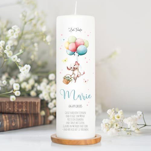 Wandtattoo Loft Taufkerze Junge oder Mädchen Motiv Maus mit Luftballon, 25cm x 8cm, personalisierte Kerze, bedruckte Kerze zur Taufe, Stumpenkerze, individuelles Taufgeschenk von Wandtattoo Loft