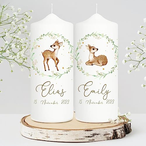 Wandtattoo Loft Taufkerze für Zwillinge Kerze zur Taufe oder Geburt mit Rehkitz im Kranz aus Gräsern mit Namen Datum Taufspruch, 2 Patenkerzen 18x7cm Wandtattoo Loft Taufkerze für Zwillinge Kerze zur Taufe oder Geburt mit Rehkitz im Kranz aus Gräsern mit Namen Datum Taufspruch, 2 Patenkerzen 18x7cm von Wandtattoo-Loft
