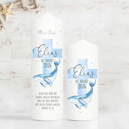 Wandtattoo Loft Taufkerze + Patenkerze majestätischer Wal und blaues Kreuz - Kerze zur Taufe, Geburt oder Kommunion - weiß 25 x 7 cm mit Name, Datum und personalisiertem Taufspruch von Wandtattoo-Loft