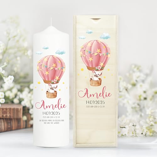 Wandtattoo Loft Taufkerze Junge oder Mädchen Motiv Maus im Heißluftballon, 25cm x 7cm, personalisierte Kerze, bedruckte Kerze zur Taufe, Stumpenkerze, individuelles Taufgeschenk von Wandtattoo Loft