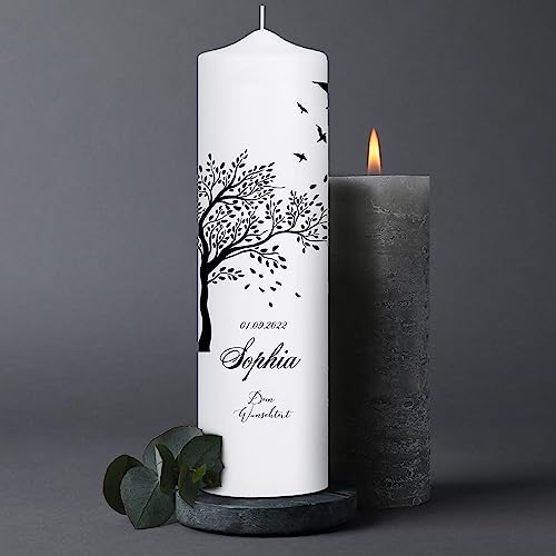 Trauerkerze Blumenkranz Baum Lebensbaum Vögel personalisiert mit Namen Datum Trauerspruch Kerze, Trauerkerze 25x7 cm von Wandtattoo Loft