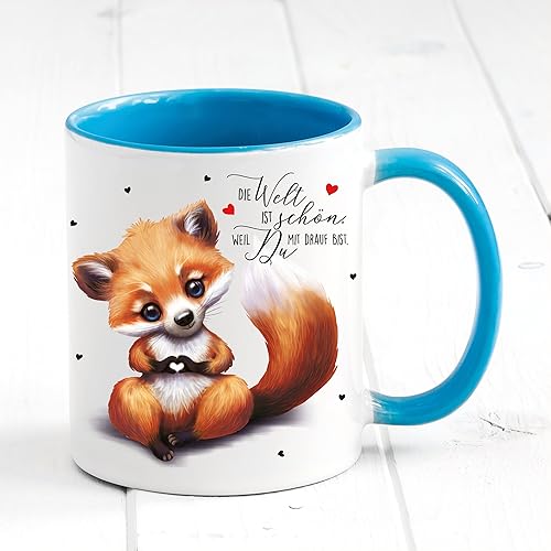 Tasse bedruckt Fuchs Die Welt ist schön Geschenk Geburtstag Kaffeetasse Kaffeebecher Keramik 330 ml, hellblau von Wandtattoo Loft