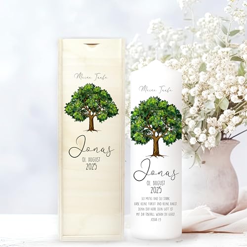 Wandtatoo Loft Taufkerze Junge oder Mädchen Lebensbaum Eiche Baum - Taufe, Geburt Kommunion weiß 25 x 7 cm mit Name, Datum, ggf. Taufspruch/Taufkerze 25 x 7 cm von Wandtattoo Loft