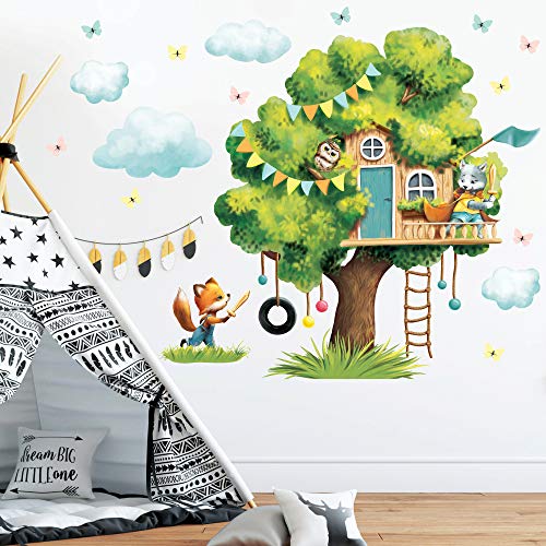 Wandtattoo Bunt Baumhaus mit Tierfreunden Kinderzimmer Wandaufkleber / 128 cm hoch x 80 cm breit von Wandtattoo Loft
