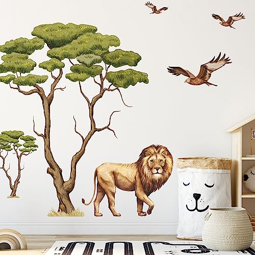 Wandtattoo Kinderzimmer Savanne mit Bäumen, Löwe und Vögeln Dekoration Babyzimmer Tiere Natur von Wandtattoo Loft