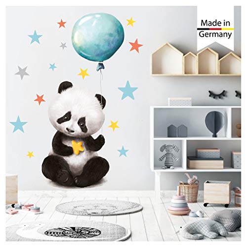 Wandtattoo Kinderzimmer bunt Panda Bär Luftballon Sterne Wandaufkleber / 103 cm hoch x 45 cm breit von Wandtattoo Loft