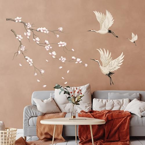 Wandtattoo Kraniche mit einem Magnolienzweig Dekoration Tiere Natur Wandbild Farbig Vögel Zweig von Wandtattoo Loft