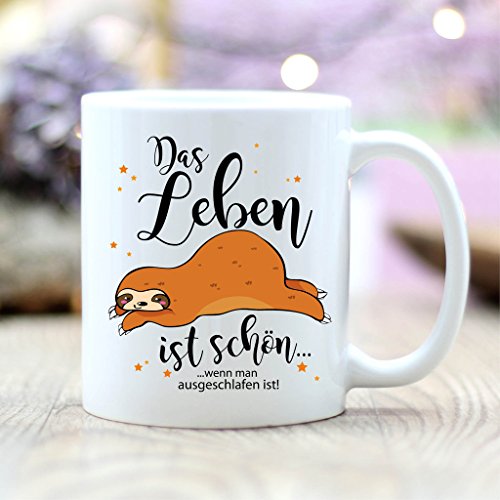 Wandtattoo-Loft® Bedruckte Keramiktasse „Das Leben ist schön, wenn Man ausgeschlafen ist.“ mit Faultier/beidseitig/Tasse/Becher/Spülmaschinenfest/Kaffeetasse mit Motiv von Wandtattoo-Loft