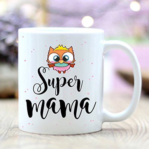 Wandtattoo-Loft® Bedruckte Keramiktasse mit Schriftzug „Super Mama“ mit niedlicher Eule/beidseitig/Tasse/Becher/Spülmaschinenfest/Kaffeetasse mit Motiv und Schriftzug von Wandtattoo-Loft