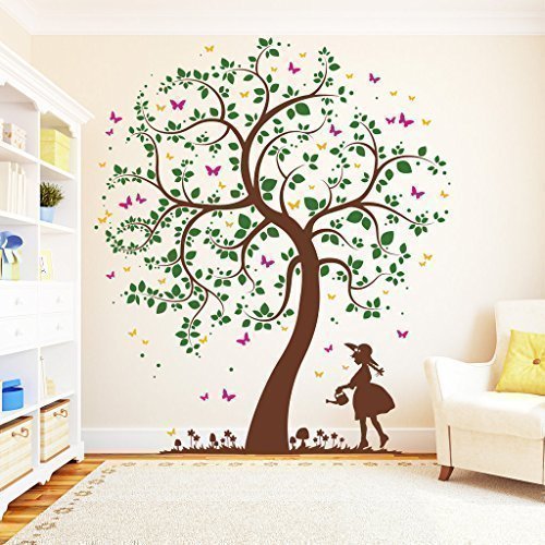 Wandtattoo-Loft „Baum Mädchen mit Gießkanne (4farbig)“ - Wandtattoo / 49 Farben / 4 Größen/Enzian / 170 x 200 cm von Wandtattoo-Loft
