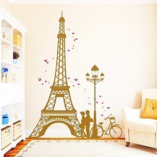 Wandtattoo-Loft „Eiffelturm Paris mit verliebtes Paar“ ZWEIFARBIG - Wandtattoo / 49 Farben / 4 Größen/hellrot / 150 x 202 cm von Wandtattoo-Loft