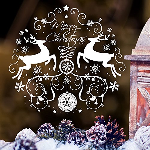 Wandtattoo-Loft „Fensteraufkleber: Merry Christmas mit Hirschen“ Größe 60 x 63 cm/Winter / 49 Farben zur Auswahl/dunkelgrün / von Wandtattoo-Loft