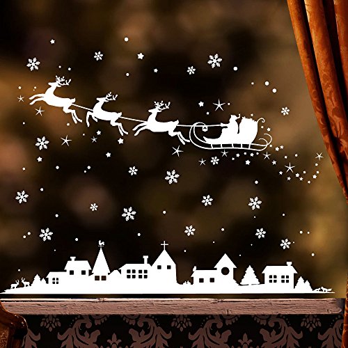 Wandtattoo-Loft „Fensteraufkleber: Winterstadt mit Weihnachtsmann + Extra Schneeflocken, Punkte und Sterne im Set“ / 49 Farben zur Auswahl/weiß / von Wandtattoo-Loft