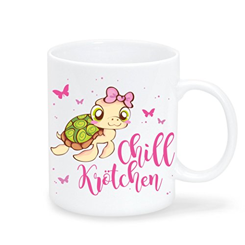 Wandtattoo-Loft Bedruckte Keramiktasse „Chill Krötchen“ mit einem niedlichen Schildkröten Mädchen/beidseitig/Tasse/Becher/Spülmaschinenfest/Kaffeetasse mit Motiv und Spruch von Wandtattoo-Loft