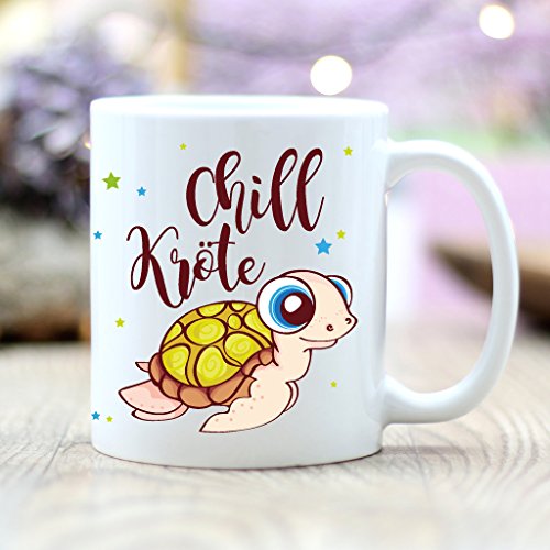 Wandtattoo-Loft Bedruckte Keramiktasse Schriftzug Chill Kröte mit niedlichem Schildkröten Jungen/Schildkröte/Chillen/beidseitig/Tasse/Becher/Spülmaschinenfest/Kaffeetasse mit Motiv von Wandtattoo-Loft