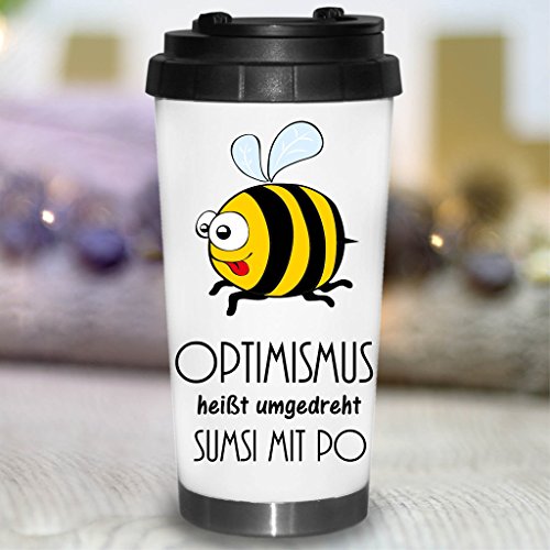 Wandtattoo-Loft Konischer Edelstahl Thermobecher Bienchen mit Spruch Optimismus heißt umgedreht Sumsi mit Po mit fröhlicher Biene Becher Kaffee von Wandtattoo-Loft