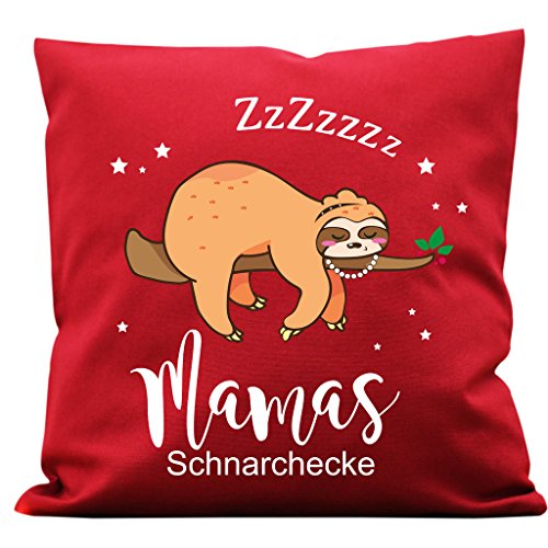 Wandtattoo-Loft Bedrucktes Kissen „Mamas Schnarchecke“ mit Faultier Kissen aus Baumwolle 40 x 40 cm mit Füllung und hochwertigem Aufdruck/Kissen Farbe wählbar/waschbar / 07 Stoff rot von Wandtattoo-Loft