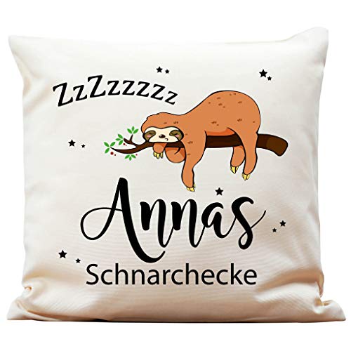 Wandtattoo Loft Bedrucktes Kissen Schnarchecke Faultier personalisiert Wunschname Baumwolle 40 x 40 cm mit Füllung / 02 Stoff Creme von Wandtattoo Loft