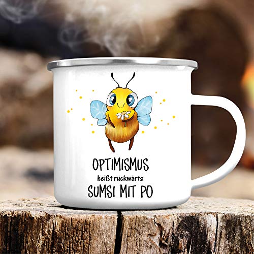 Wandtattoo Loft Campingbecher Emaille Bedruckt Biene Spruch Optimismus heißt rückwärts Sumsi mit Po Outdoor Silber von Wandtattoo Loft