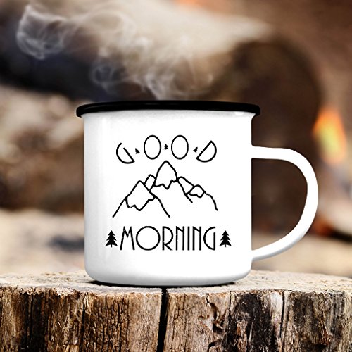 Wandtattoo-Loft Campingbecher Emaille Kaffeetasse Good Morning Berge weiß Tasse Becher mit Motiv Spruchbecher Geschenk Tassenrand schwarz oder silber/schwarzer Tassenrand von Wandtattoo-Loft