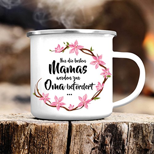 Wandtattoo-Loft Campingbecher Emaille Nur die besten Mamas werden zur Oma befördert ... Du bist die Allerbeste! – Emailletasse/silberner Tassenrand von Wandtattoo-Loft