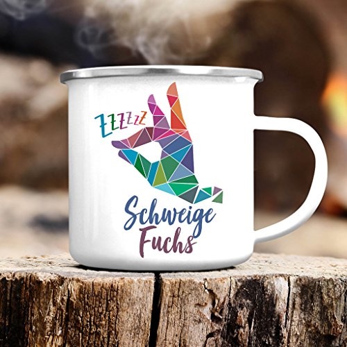 Wandtattoo-Loft Campingbecher Emaille Schweigefuchs Emailletasse/Becher mit Motiv/Lustige Tasse mit Handzeichen Flüsterfuchs/silberner Tassenrand von Wandtattoo-Loft