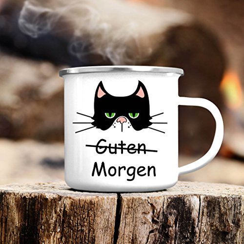 Wandtattoo-Loft Campingbecher Katze „Guten Morgen Emaille Tasse/Becher mit Motiv/silberner Tassenrand von Wandtattoo-Loft