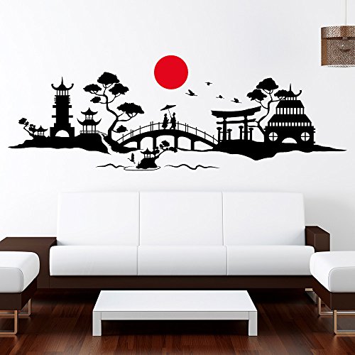 Wandtattoo-Loft Das ORIGINAL Skyline „Japan“ - Wandtattoo Fernost / 49 Farben / 3 Größen/ 2farbig – Sonnensymbol ist Immer rot, Bitte wählen Sie die Farbe für das Hauptmotiv! / schwarz / 55 x 161 cm von Wandtattoo-Loft