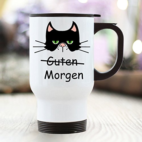 Wandtattoo-Loft Edelstahl Thermobecher Spruch Guten Morgen mit einer grimmigen Katze beidseitig bedruckt 390 ml mit Griff To Go von Wandtattoo-Loft