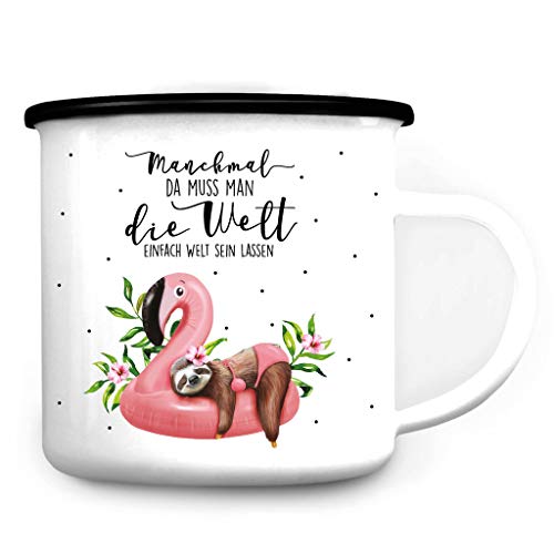 Wandtattoo Loft Emaille Becher mit Manchmal da muss Man die Welt einfach Welt Sein Lassen mit Faultier und Flamingo / 7. Emaille Becher schwarz von Wandtattoo Loft