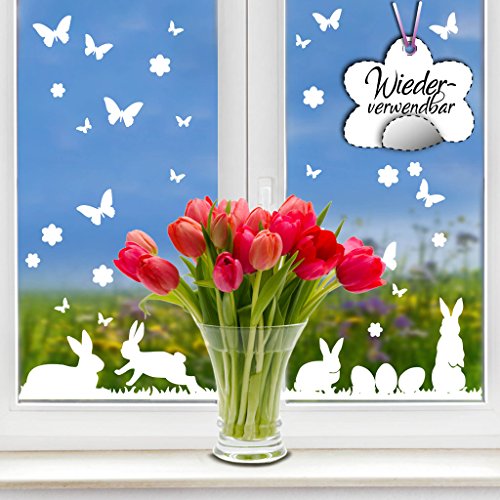 Wandtattoo-Loft Fensteraufkleber Hasen mit Ostereiern und Schmetterlingen WIEDERVERWENDBAR von Wandtattoo-Loft