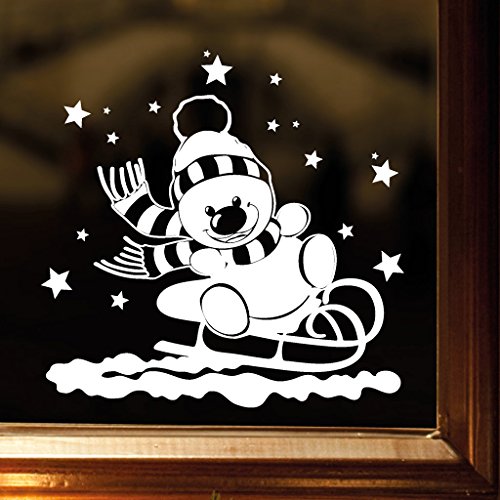 Wandtattoo Loft Fensterbild „Schneemann auf Schlitten“ mit Sternen aus weißer mattglänzender Vinylfolie, konturgeschnitten- OHNE hässliche Hintergrundfolie, 2 Größen zur Auswahl Fensteraufkleber Weihnachten Dekoration Sterneset / / 40 cm hoch x 40 cm breit von Wandtattoo-Loft