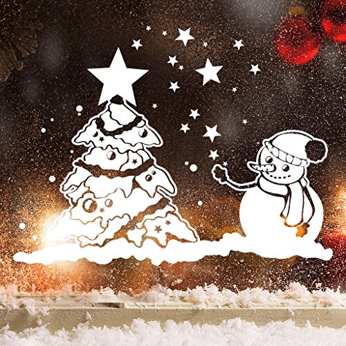 Wandtattoo Loft Fensterbild „Schneemann mit Weihnachtsbaum“ aus weißer mattglänzender Vinylfolie, konturgeschnitten- OHNE hässliche Hintergrundfolie, 2 Größen zur Auswahl Fensteraufkleber Weihnachten Dekoration / / 55 cm hoch x 73 cm breit von Wandtattoo Loft