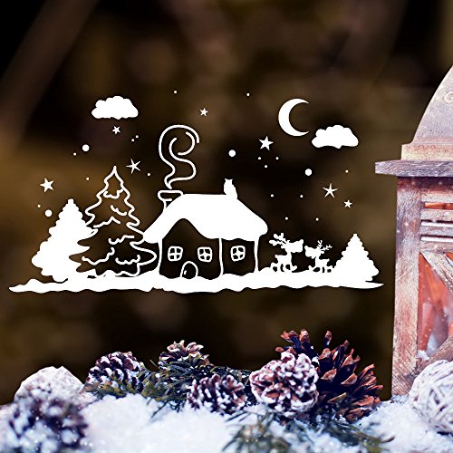 Wandtattoo Loft Fensterbild „Winter Häuschen mit niedlichen Hirschen“ - Fensteraufkleber zur weihnachtlichen Dekoration in der Adventszeit Wandtattoo / 49 Farben / 3 Größen / weiß / 20 cm hoch x 37 cm breit von Wandtattoo-Loft