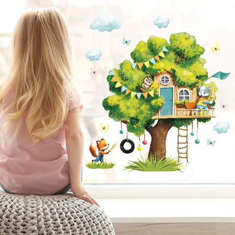 Wandtattoo Loft Fensterbild Frühling Baum mit Tieren wiederverwendbar Fensteraufkleber Kinderzimmer / 1. Baumhaus Tierfreunde (13042) / 3. DIN A2 Bogen von Wandtattoo Loft