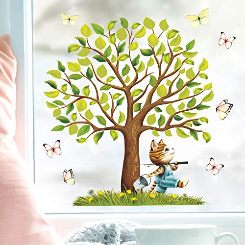 Wandtattoo Loft Fensterbild Frühling Ostern Baum Tiere wiederverwendbar Fensteraufkleber Kinderzimmer / 6. Baum mit Katze (1164) / 1. A4 Bogen von Wandtattoo Loft