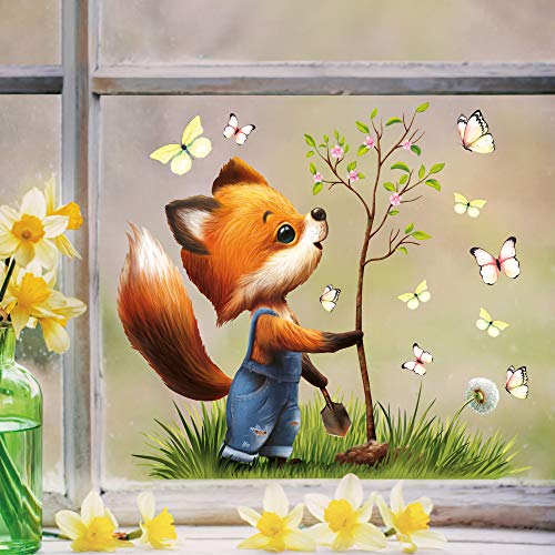 Wandtattoo Loft Fensterbild Frühling Ostern wiederverwendbar Fensteraufkleber Kinderzimmer Fuchs Baum Schmetterlinge Babyzimmer/Fuchs Baum (1027) / 3. DIN A2 Bogen von Wandtattoo Loft