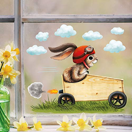 Wandtattoo Loft Fensterbild Frühling Ostern wiederverwendbar Fensteraufkleber Kinderzimmer Hase Rennauto Babyzimmer/Hase rot Seifenkiste (1134) / 1. DIN A4 Bogen von Wandtattoo Loft