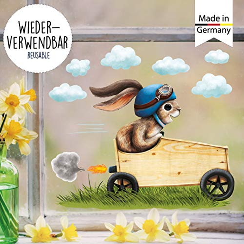 Wandtattoo Loft Fensterbild Frühling Ostern wiederverwendbar Fensteraufkleber Kinderzimmer Hase Rennauto blau Babyzimmer/Hase blau Seifenkiste (1135) / 2. DIN A3 Bogen von Wandtattoo Loft