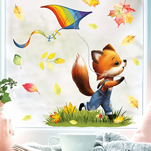 Wandtattoo Loft Fensterbild Herbst mit Fuchs und Drachen Motiv, A3 Bogen, Herbstdeko Fenster Kinderzimmer, Herbstbilder Fenster, Fensterbild Herbst Kinder, Herbstblätter Fenster, Fensterfolie Herbst von Wandtattoo Loft