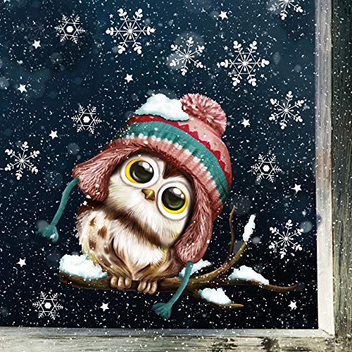 Wandtattoo Loft Fensterbild Weihnachten Eule auf AST mit Schneeflocken und Sterne Wiederverwendbare Fensteraufkleber Fensterdeko Kinder von Wandtattoo Loft