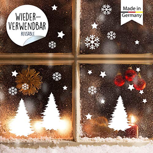 Wandtattoo Loft Fensterbild Weihnachten Tannenbäume Sterne Schneeflocken Wiederverwendbare winterliche Fensteraufkleber weiß Fensterdeko von Wandtattoo Loft