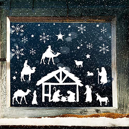 Wandtattoo Loft Fensterbild Weihnachten Weihnachtskrippe Fensteraufkleber Kinder Fensterdeko weiß Schneeflocken Sterne / 3. DIN A2 Bogen von Wandtattoo Loft