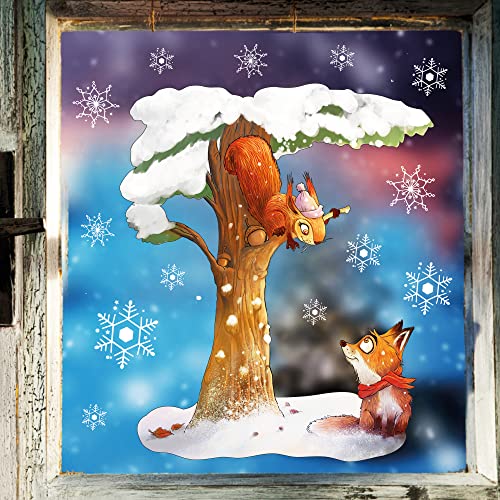 Wandtattoo Loft Fensterbild Weihnachten Winter Eichhörnchen mit Fuchs Baum – Wiederverwendbare Fensteraufkleber von Wandtattoo Loft