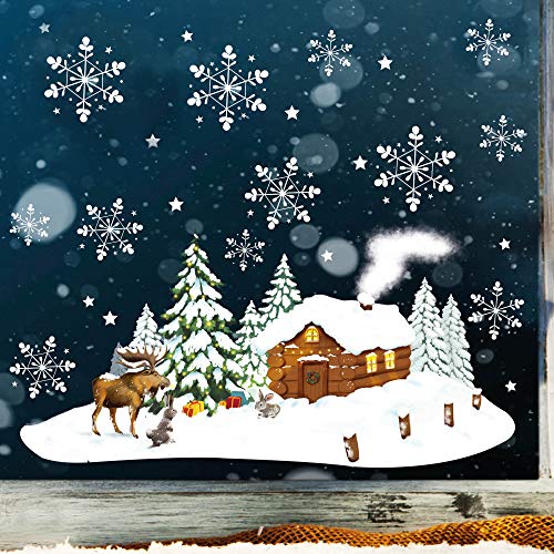 Wandtattoo Loft Fensterbild Weihnachten Winterhäuschen Elch bunter Fensteraufkleber Kinder Fensterdeko Schneeflocken Sterne/DIN A3 Bogen von Wandtattoo Loft