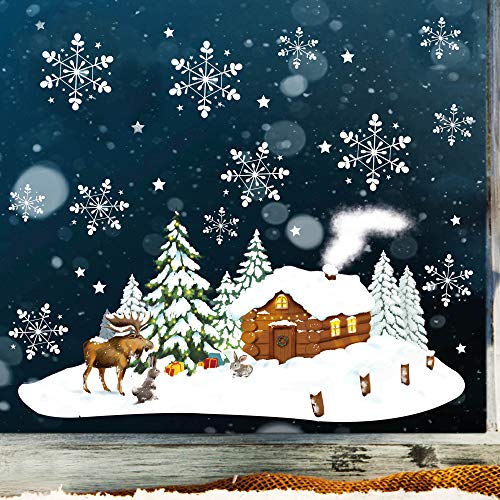 Wandtattoo Loft Fensterbild Weihnachten Winterhäuschen Elch bunter Fensteraufkleber Kinder Fensterdeko Schneeflocken Sterne/DIN A4 Bogen von Wandtattoo Loft