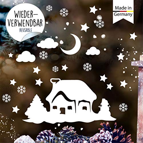 Wandtattoo Loft Fensterbild Weihnachten Winterhäuschen Sterne Wolken Wiederverwendbare winterliche Fensteraufkleber weiß Fensterdeko von Wandtattoo Loft